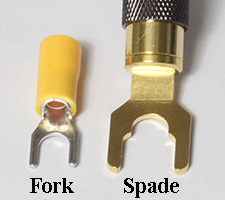 Terminal-strip fork and binding-post spade, compared
